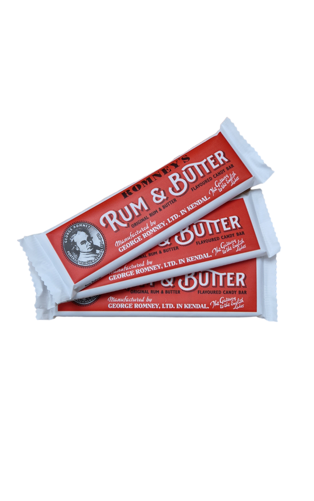 Three bars of Rum & Butter in a red and white wrapper. The wrapper features a Romney's logo and the words 'Rum & Butter' in white