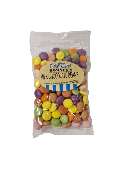 A transparent rectangular bag containing round milk chocolate beans in a variety of colours