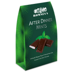 A tall curved  green box featuring the Romney's medallion logo, the words 'AFTER DINNER MINTS' in a silver foil and a photo of three dinner mints on the front