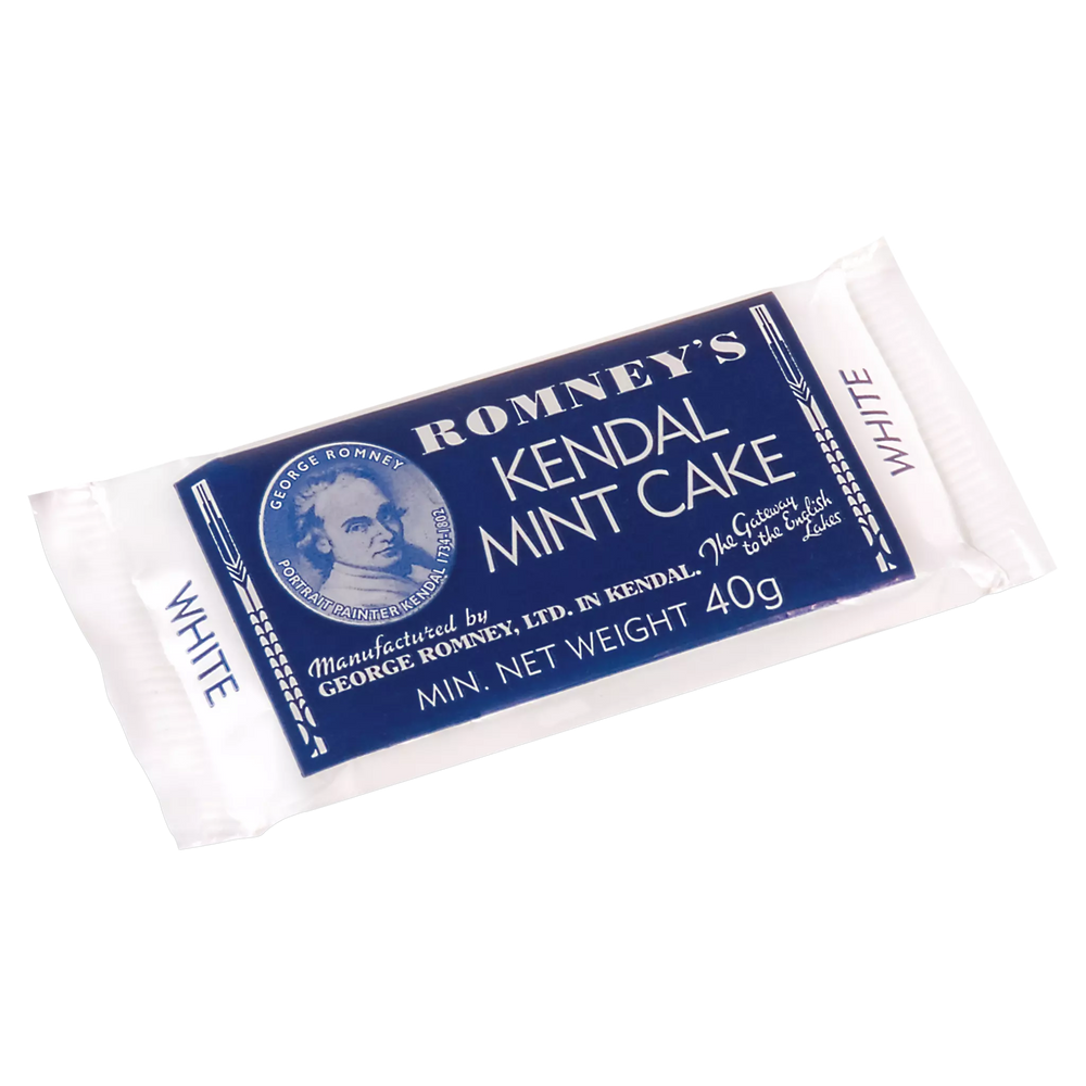A product image of a wrapped 40g Romney's White Kendal Mint Cake bar. The wrapper is blue and white, features the Romney's logo and the words 'Romney's Kendal Mint Cake'.