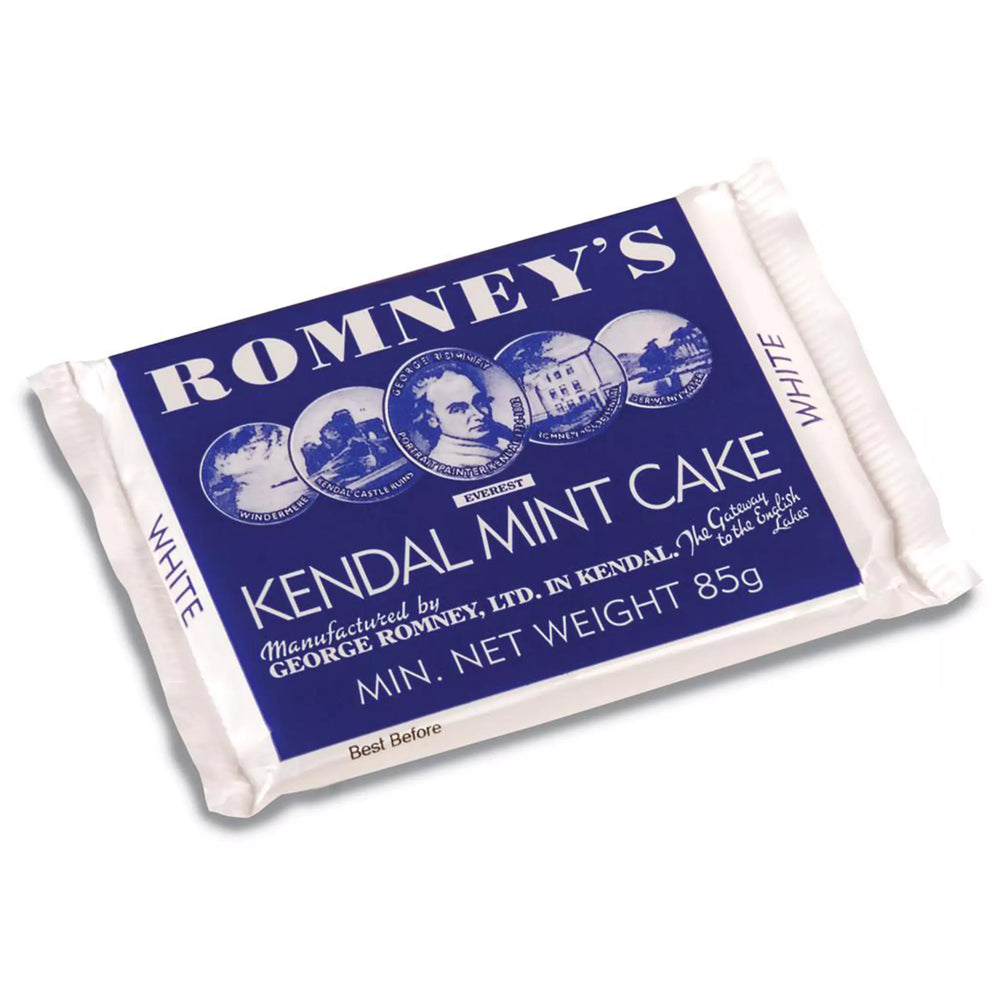 A bar of wrapped white Kendal Mint Cake. The wrapper is blue and white, features Romney's Logo and the words 'Romney's Kendal Mint Cake' in a white font.