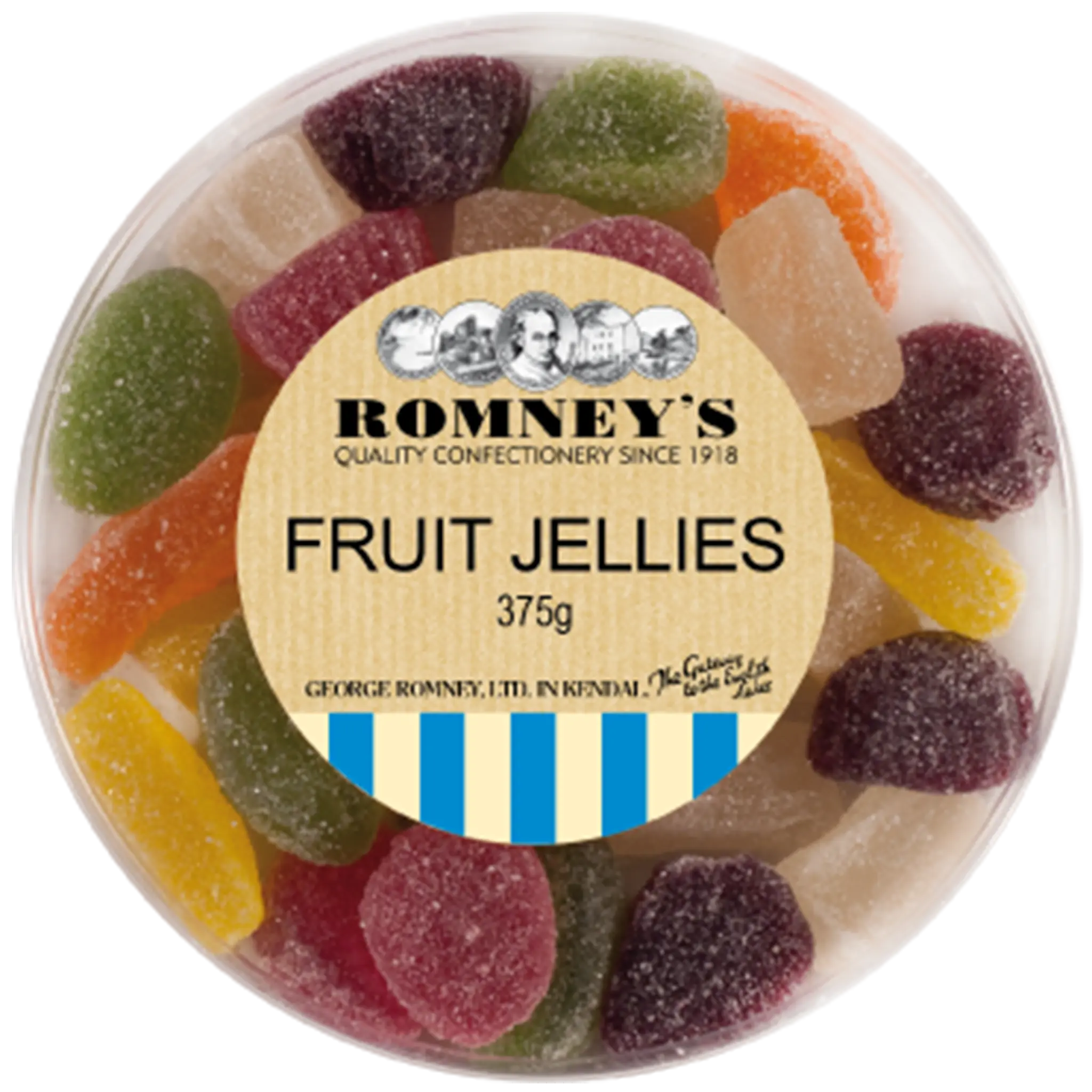 A circular plastic container which is filled with Fruit jellies confectionery. The lid of the tub has a sticker on it that is cream coloured and has the Romney's logo and words 'Fruit Jellies' on it.