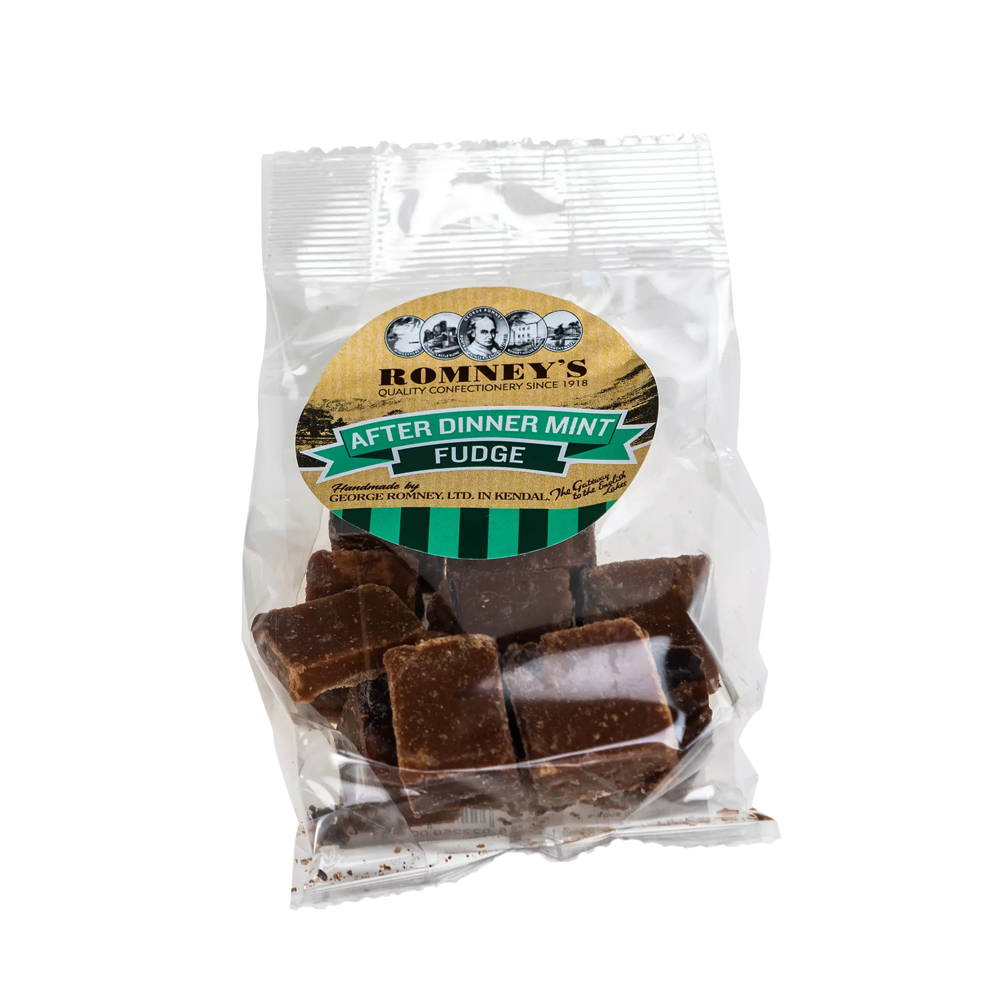 A transparent bag containing pieces of Fudge. The bag has a label on it that shows Romney's logo and says 'After Dinner Mint Fudge'.