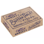 An old fashioned paper wrapped rectangular box with Romney's logo and branding used across the box in a blue font. The words 'Old Fashioned Butter Tablet Pieces' are also on the box in blue.
