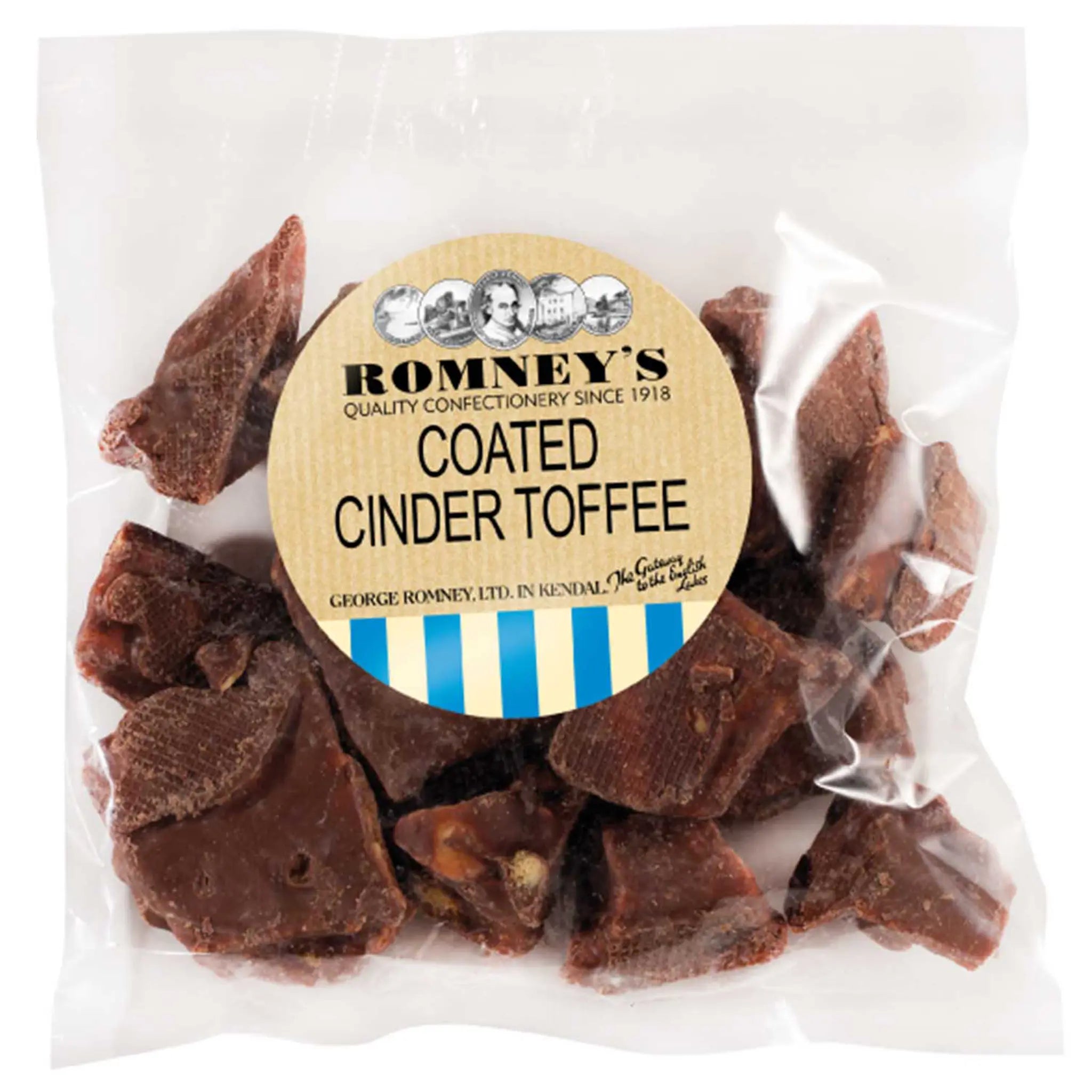 A product image showing a transparent bag filled with pieces of Chocolate Coated Cinder Toffee. The bag has a label stuck to the side that features the Romney's logo and the words 'Coated Cinder Toffee'.