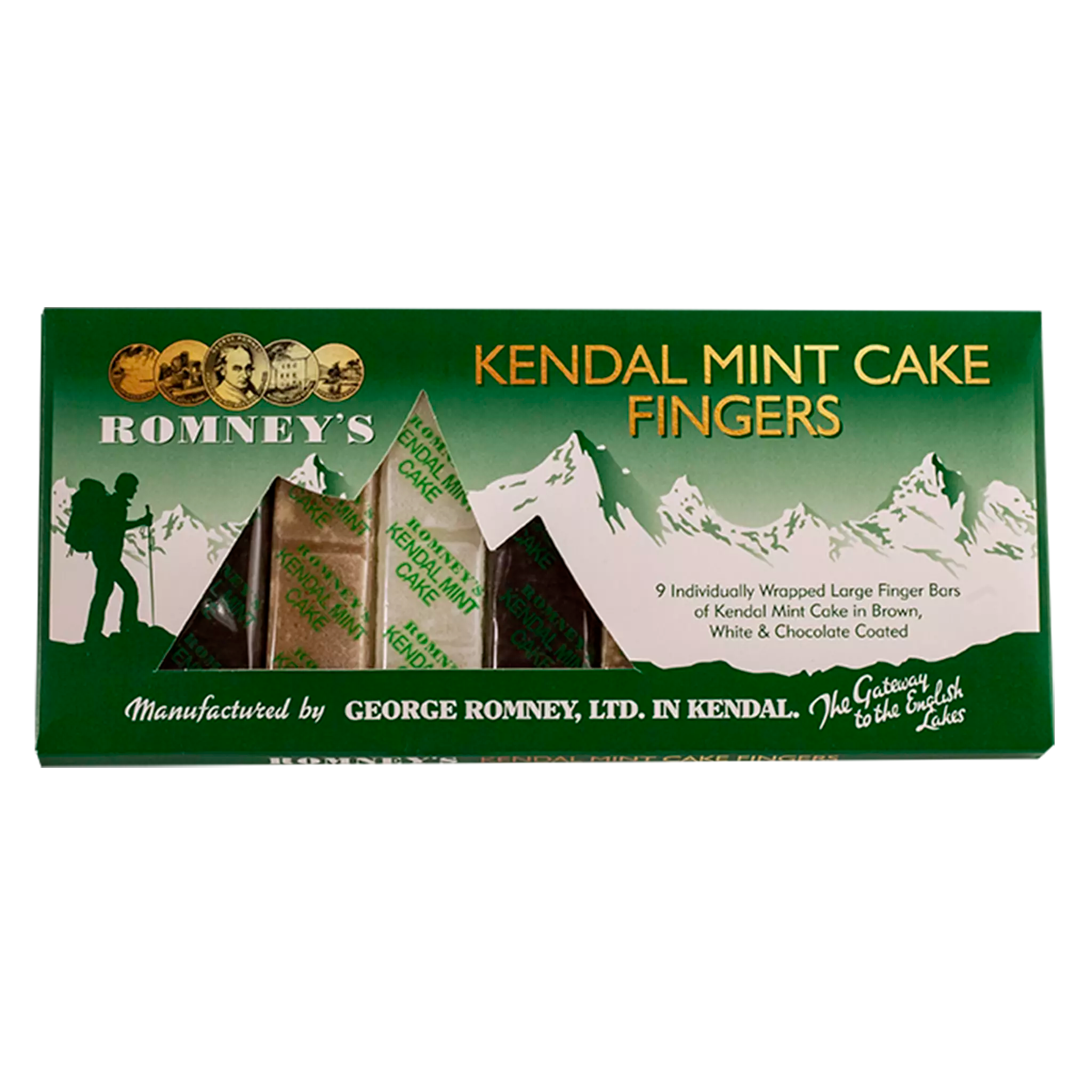 A rectangular cardboard box containing 9 Kendal Mint Cake fingers. The flavours contained are White, Brown & Chocolate Coated Kendal Mint Cake, all of which are individually wrapped in a transparent wrapper and a number of the fingers are visible through mountain shaped window. The box is mainly green with a white mountain backdrop. It also features the Romney's logo and the words 'Kendal Mint Cake Fingers' are written in gold font.