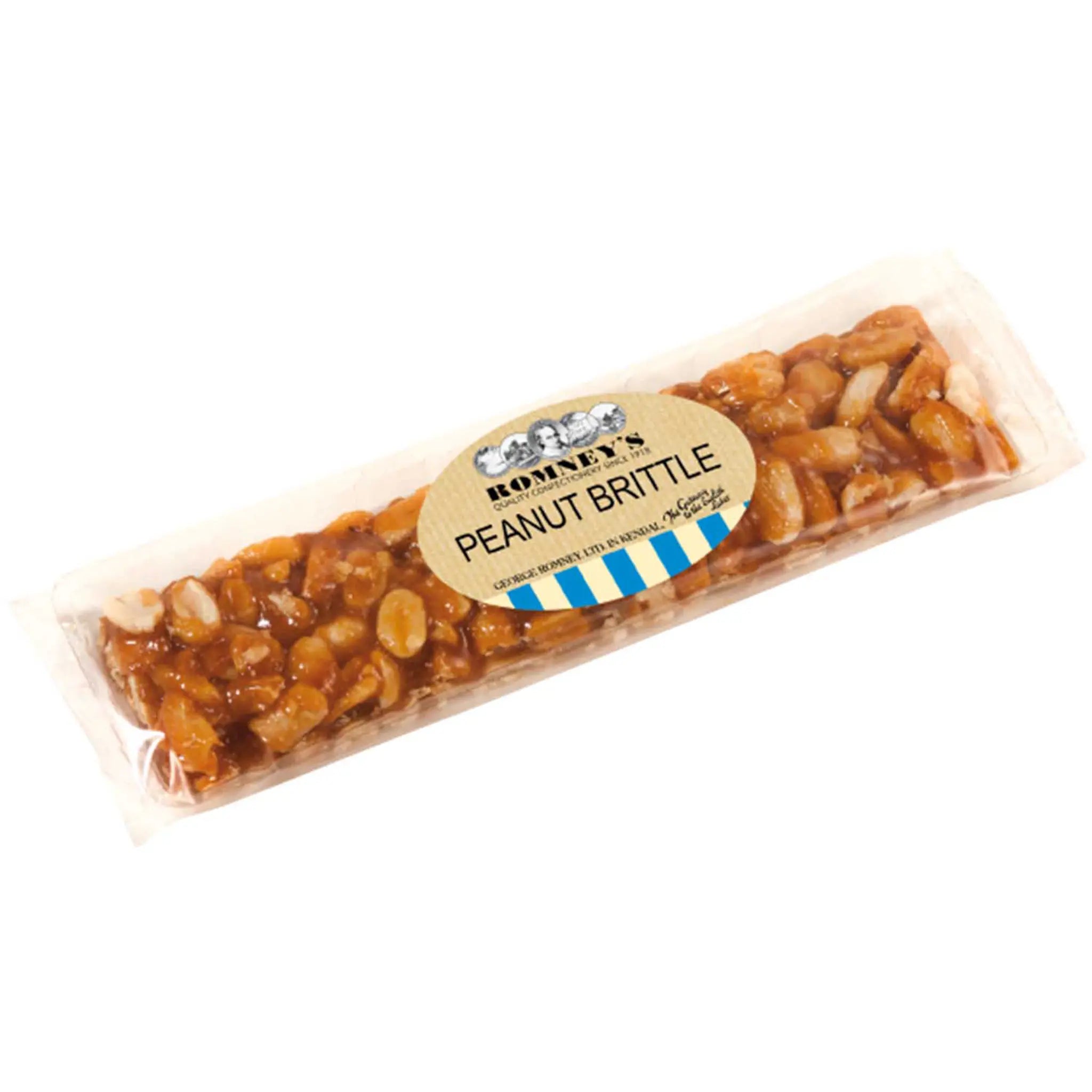 A product image that shows a confectionery bar of peanut brittle in a transparent wrapper. There is a label on the product featuring the Romney's logo and the words 'Peanut Brittle'.