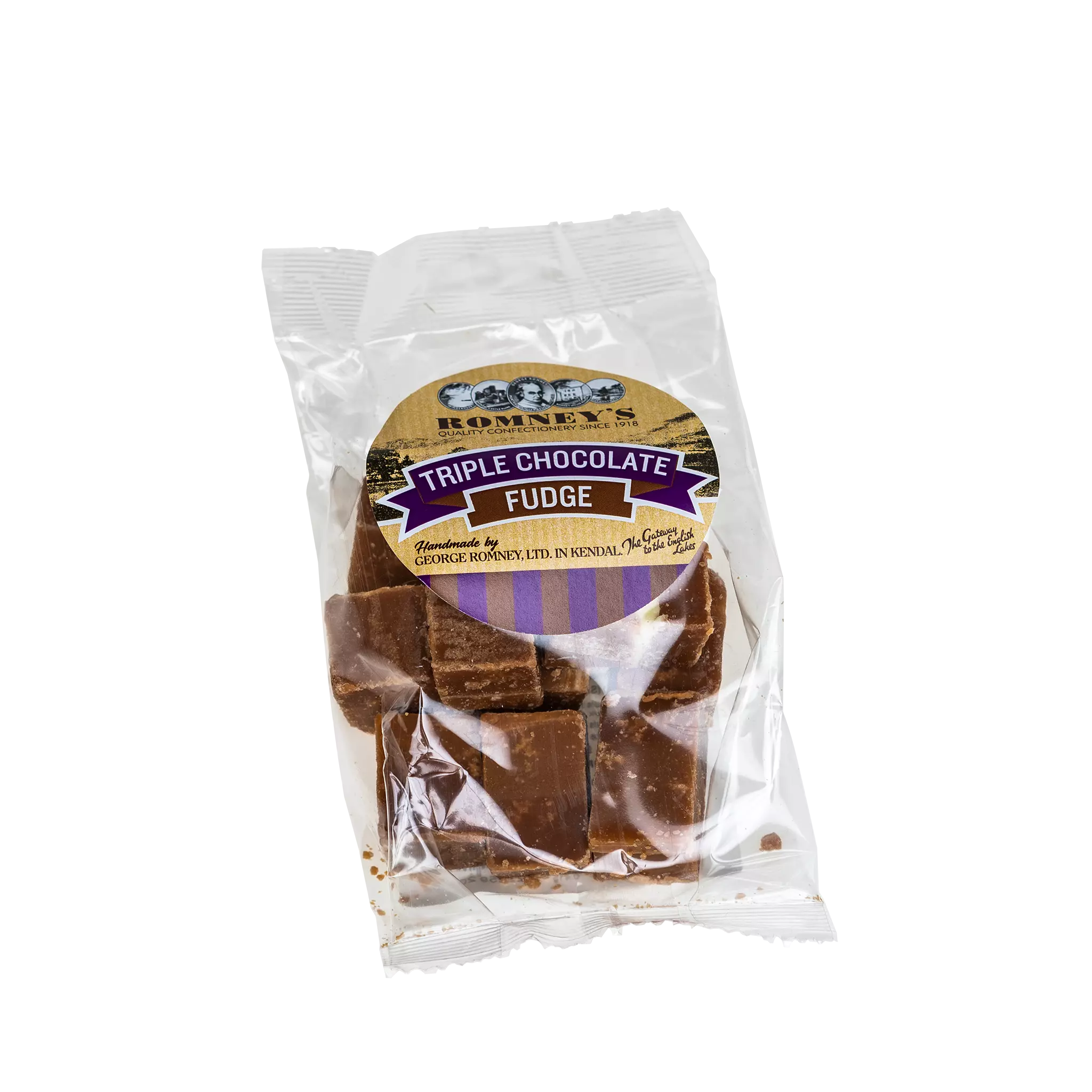 A transparent bag containing pieces of Fudge. The bag has a label on it that shows Romney's logo and says 'Triple Chocolate Fudge'.