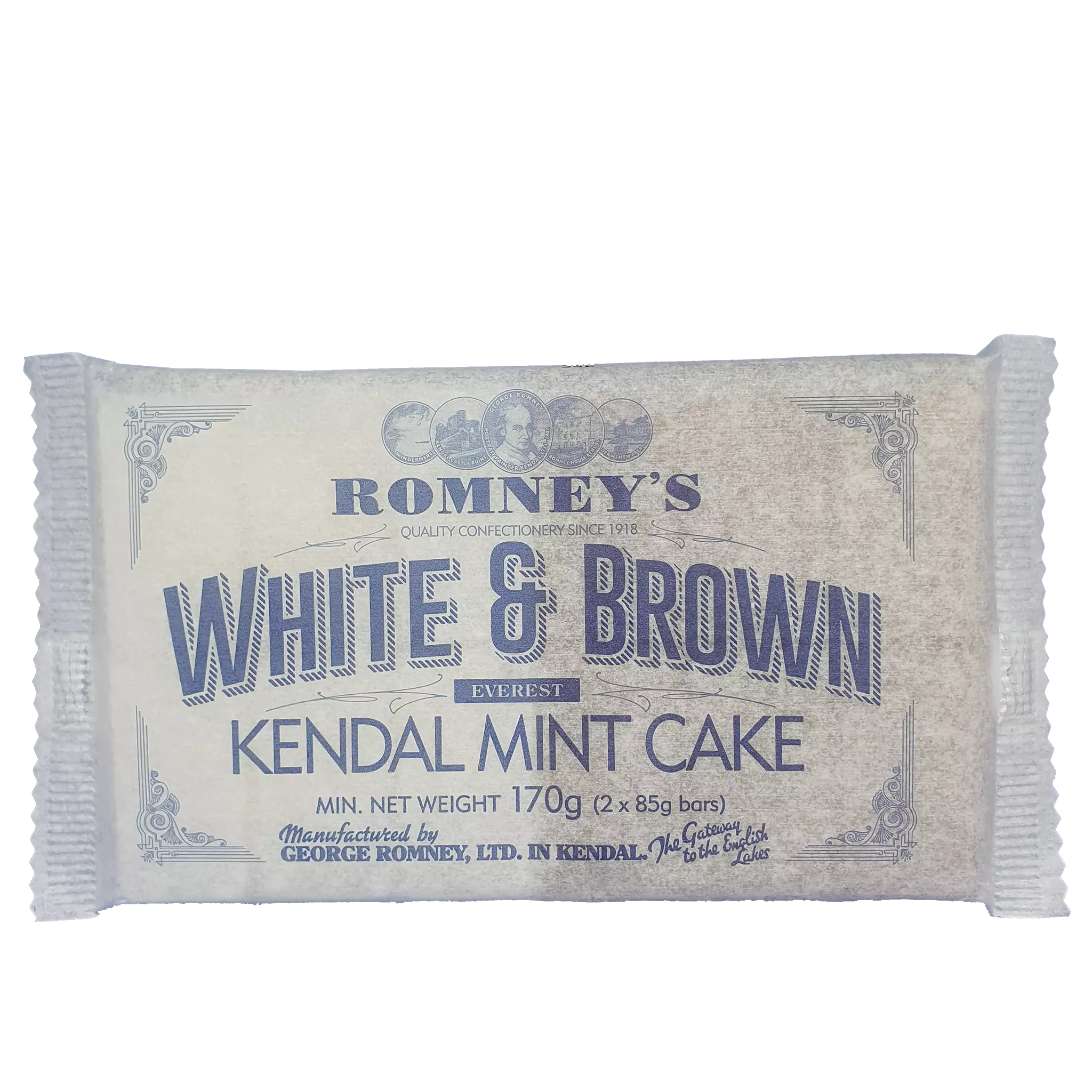 A paper wrapper containing a bar of White Kendal Mint Cake and a bar of Brown Kendal Mint Cake. The wrapper features the Romney's logo with the writing 'White & Brown Kendal Mint Cake' in a blue font.