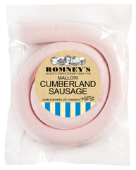 A transparent square wrapper containing a curled up Marshmallow. The bag has a sticker on it that features the Romney's logo and the words 'Mallow Cumberland Sausage'.