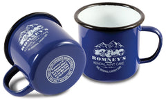 Two dark blue ceramic mugs. One mug is lying on its side. both mugs are the same design and feature Romney's logo and name on the side in white writing. The rim of the mug is black whilst the inside is white..