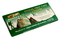 A rectangular cardboard box containing 9 Kendal Mint Cake fingers. The box is mainly green with a white mountain backdrop. It also features the Romney's logo and the words 'Kendal Mint Cake Fingers' are written in gold font.