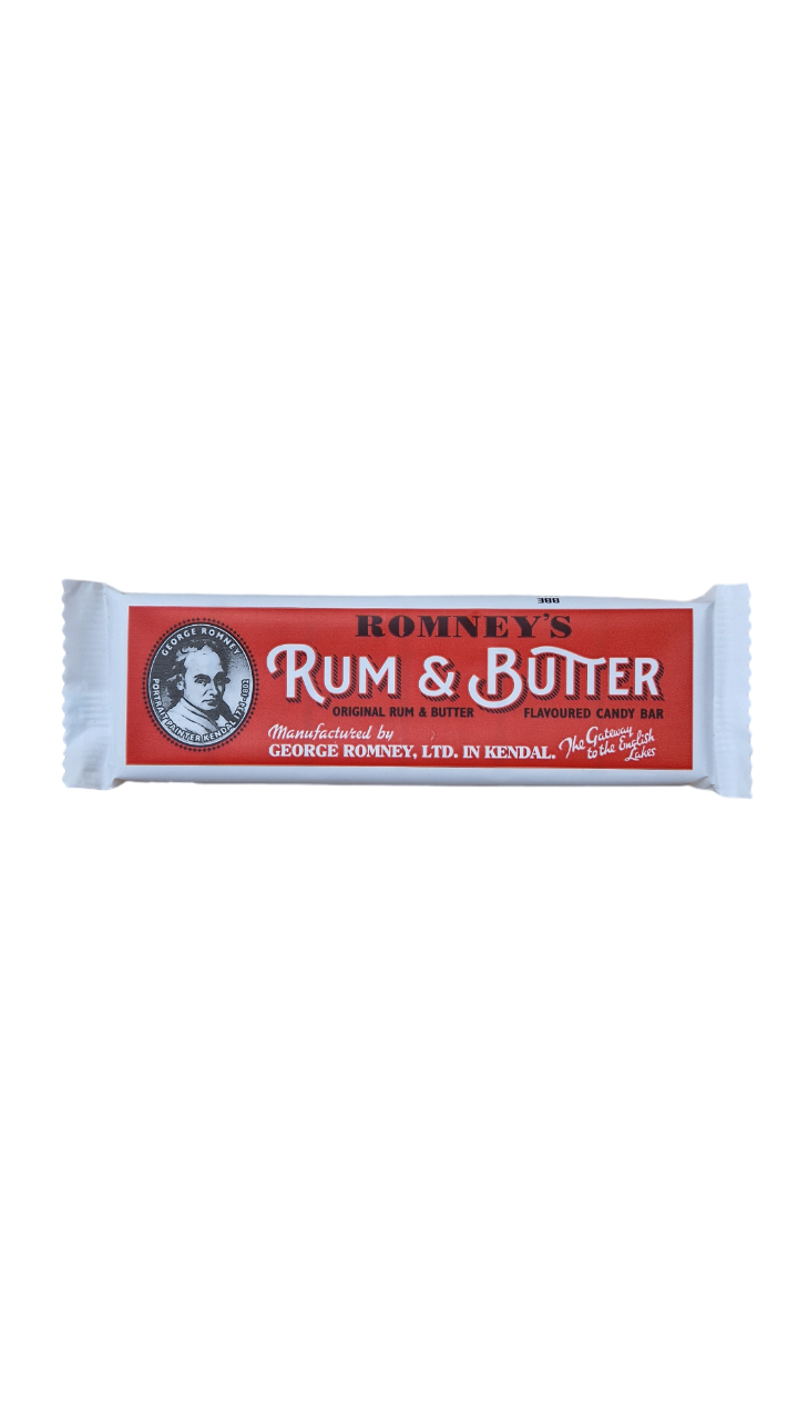 A bar of Rum & Butter in a red and white wrapper. The wrapper features a Romney's logo and the words 'Rum & Butter' in white