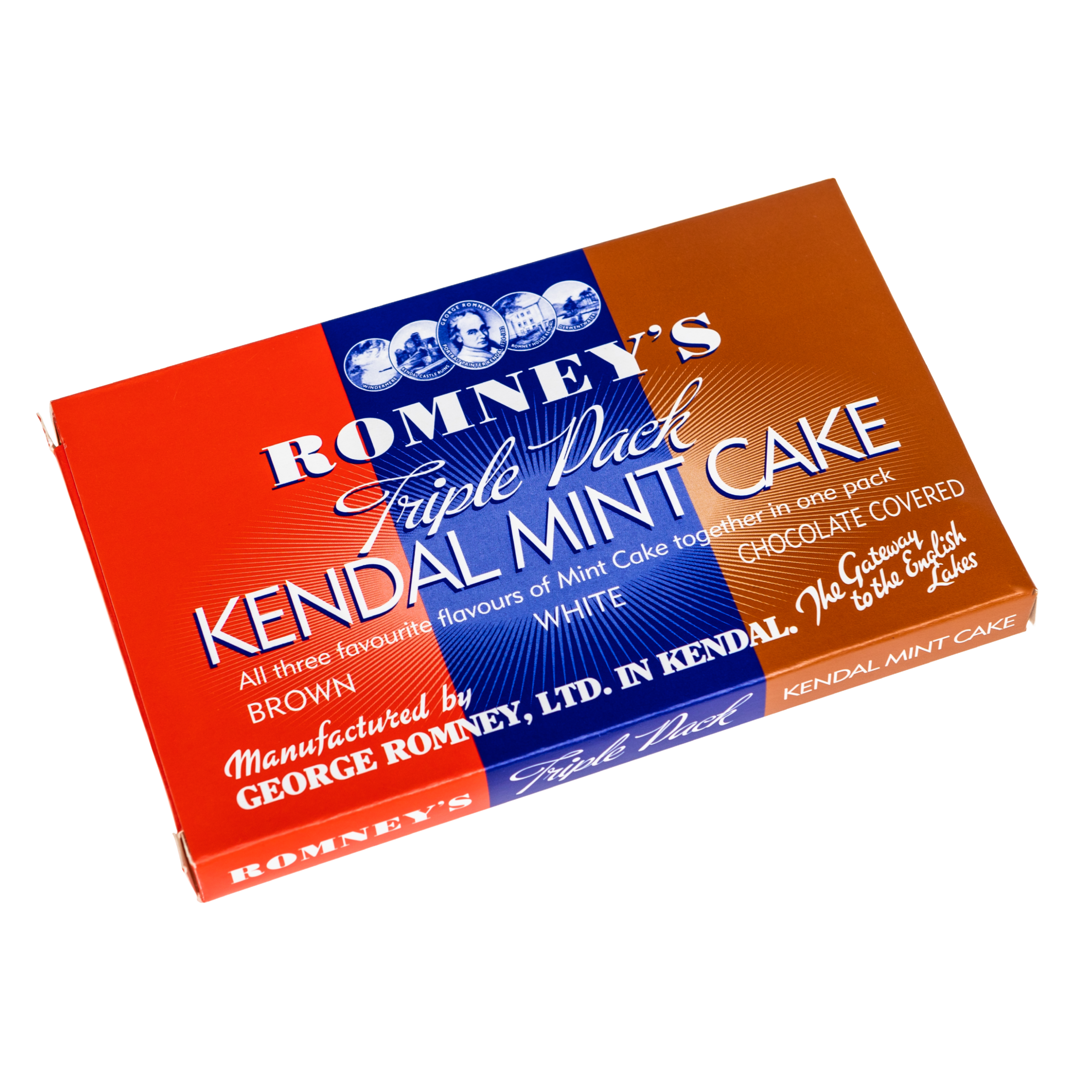 A rectangular cardboard box containing three bars of Kendal Mint Cake. The box is split into three different colours, red on the left, blue in the middle and brown on the right. The box features the Romney's logo and words 'Romney's triple pack Kendal Mint Cake' in a white font.