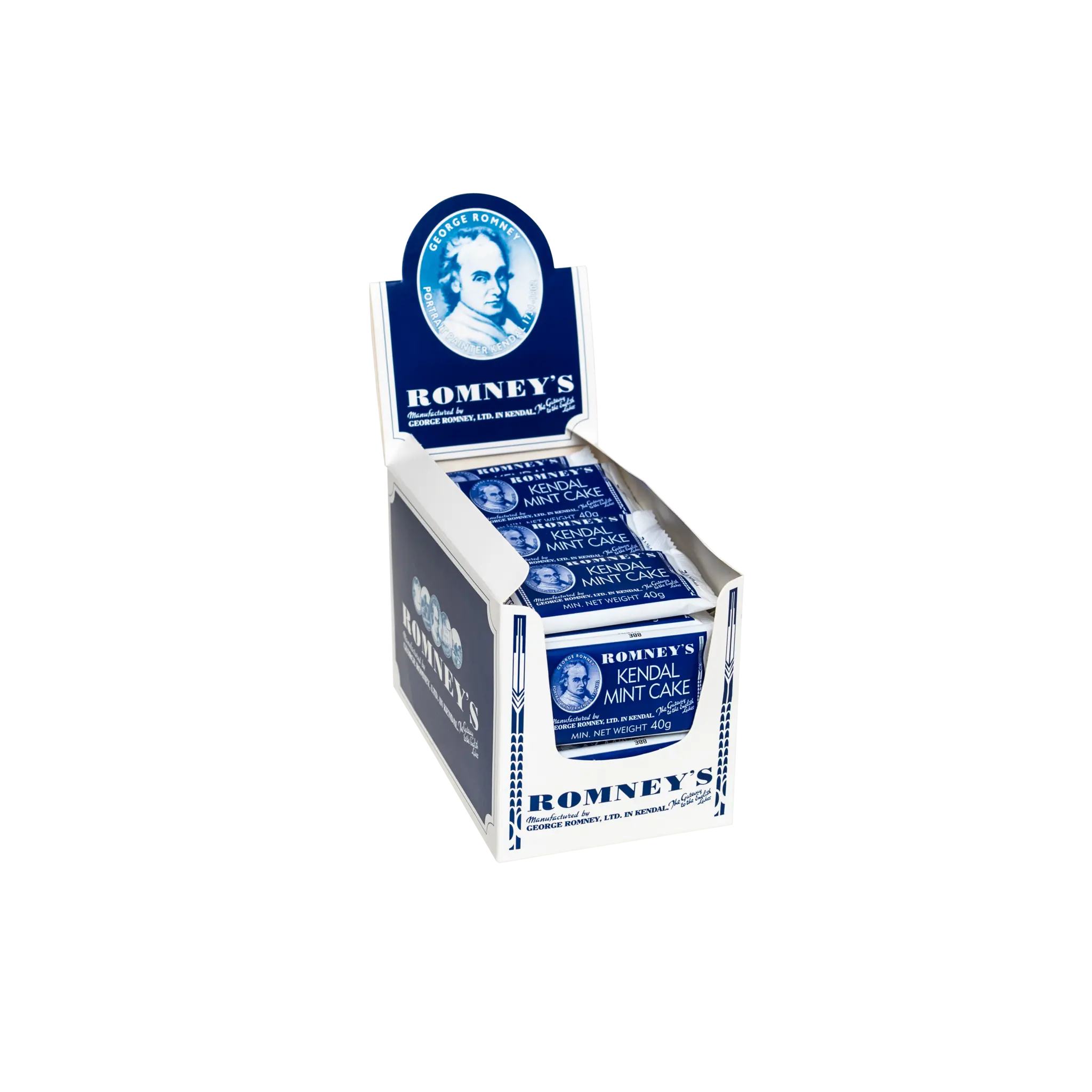 A product image showing an open cardboard box which is used to display products on a shelf and is white and blue. The box contains 40g bars of Romney's White Kendal Mint Cake which is in a blue and white wrapper.
