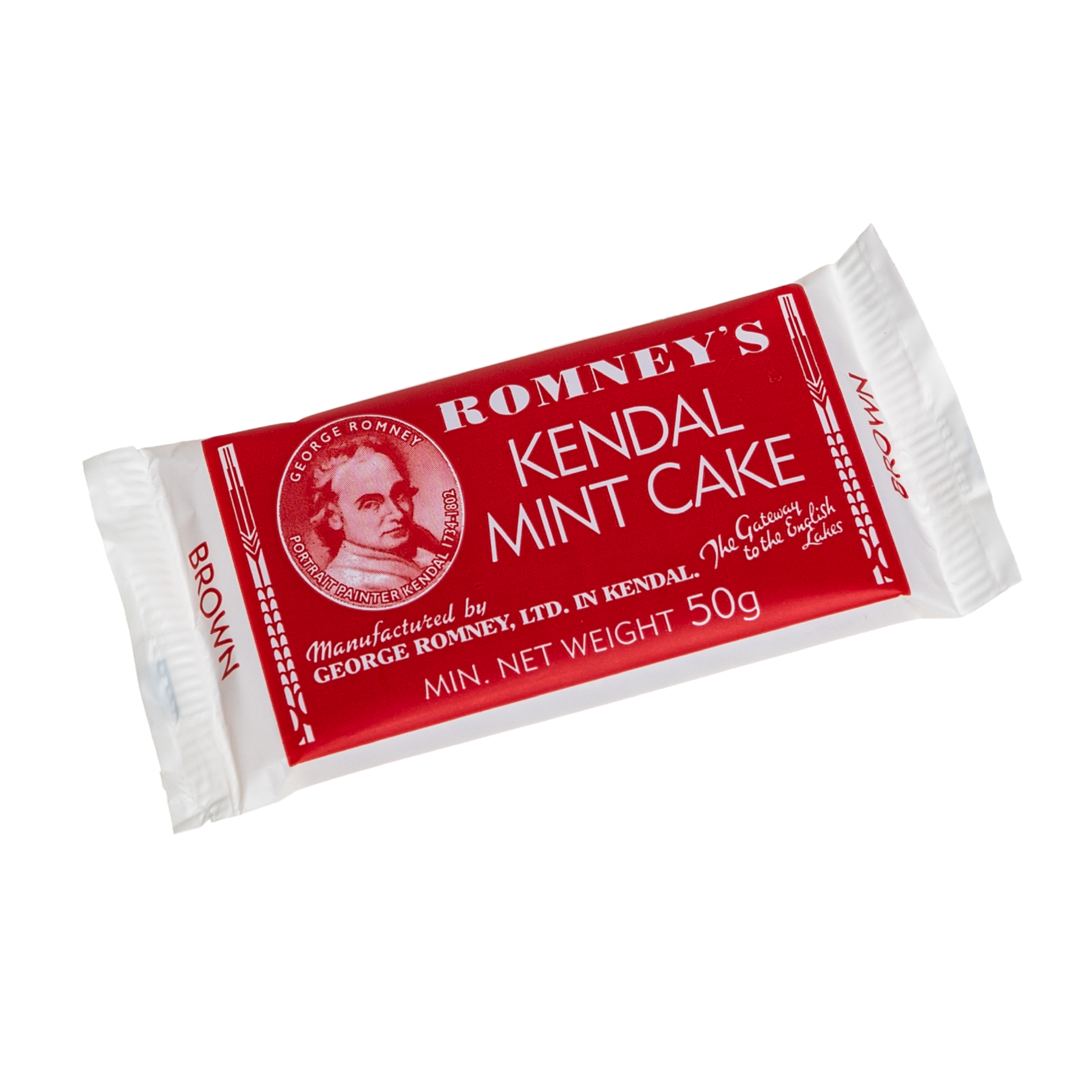 A rectangular bar of 50g Romney's Kendal Mint Cake in a red and white wrapper. It features the Romney's logo and words 'Romney's Kendal Mint Cake' in white on the front