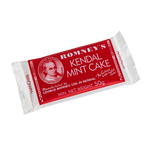 A rectangular bar of 50g Romney's Kendal Mint Cake in a red and white wrapper. It features the Romney's logo and words 'Romney's Kendal Mint Cake' in white on the front