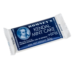 A rectangular bar of 50g Romney's Kendal Mint Cake in a blue and white wrapper. It features the Romney's logo and words 'Romney's Kendal Mint Cake' in white on the front