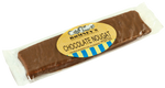 A bar of chocolate covered nougat in a transparent wrapper. There is a Romney's label on the front featuring the company logo and the product name 'CHOCOLATE NOUGAT'.