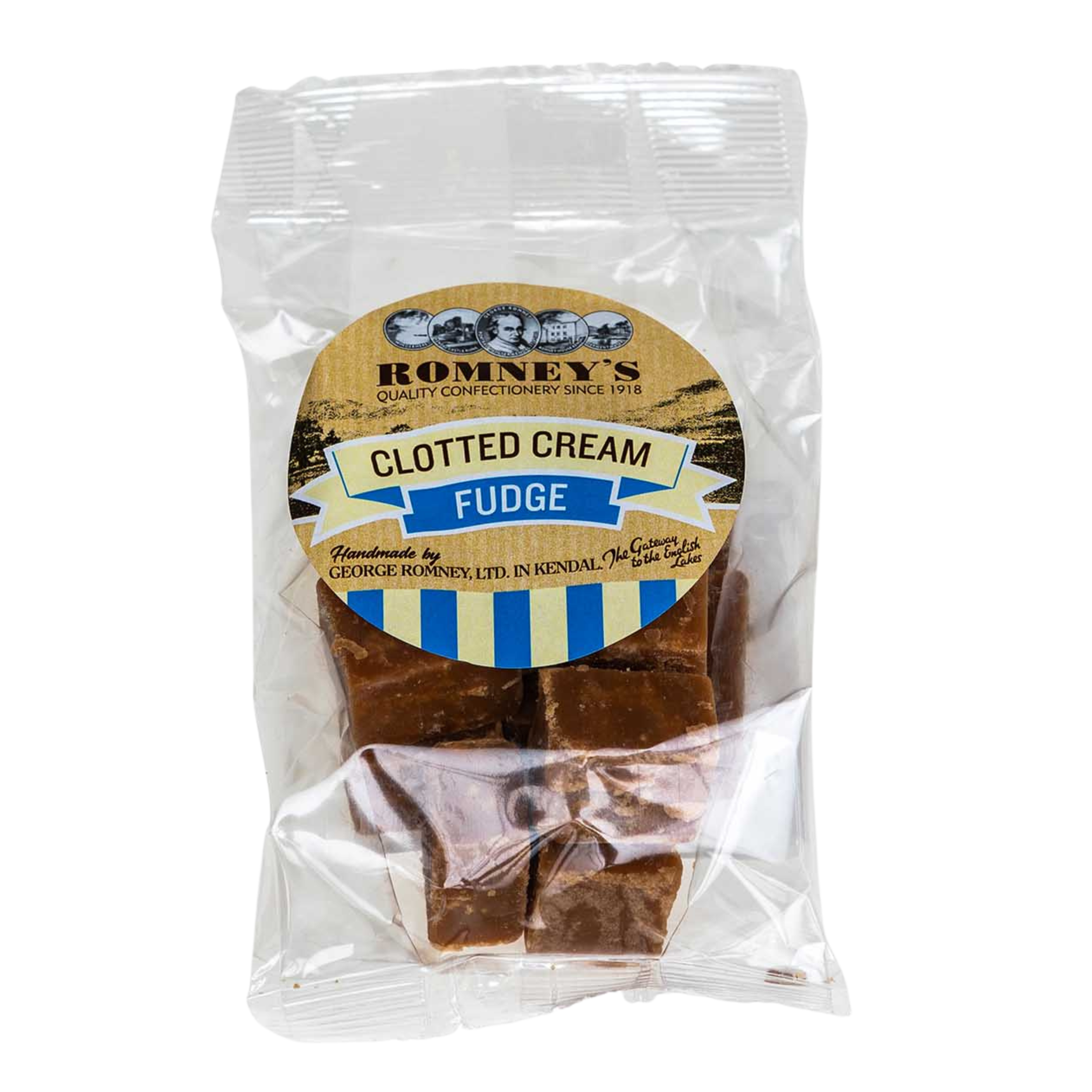 A transparent bag containing pieces of Fudge. The bag has a label on it that shows Romney's logo and says 'Clotted Cream Fudge'.