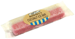 A product image of a bar of Coconut Ice confectionery in a transparent wrapper. There is a Romney's sticker on the fron of the bar featuring the company logo and product name 'COCONUT ICE' BAR.