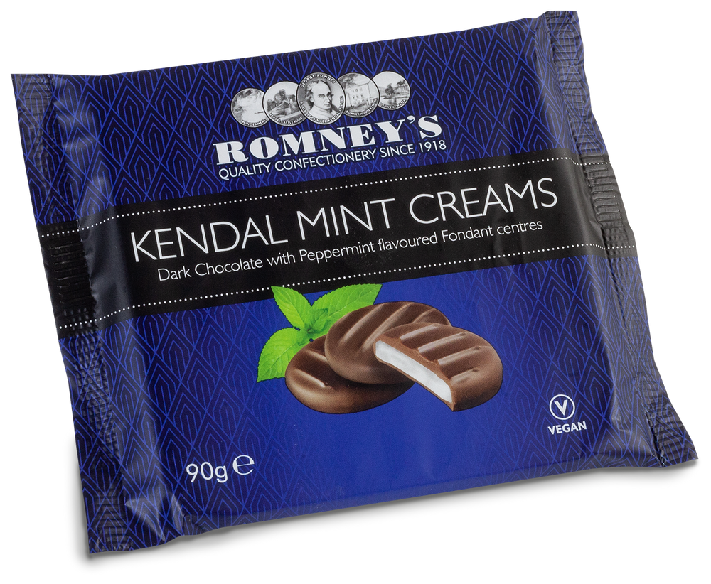 a blue rectangular plastic wrapper with a diamond pattern faded into the background. it features an image of 3 round chocolate creams, 1 of which is split in half, and a peppermint leaf. It also features the Romney's medallions in white writing.