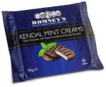 a blue rectangular plastic wrapper with a diamond pattern faded into the background. it features an image of 3 round chocolate creams, 1 of which is split in half, and a peppermint leaf. It also features the Romney's medallions in white writing.
