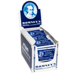 A product image showing an open cardboard box which is used to display products on a shelf and is white and blue. The box contains 40g bars of Romney's White Kendal Mint Cake which is in a blue and white wrapper.