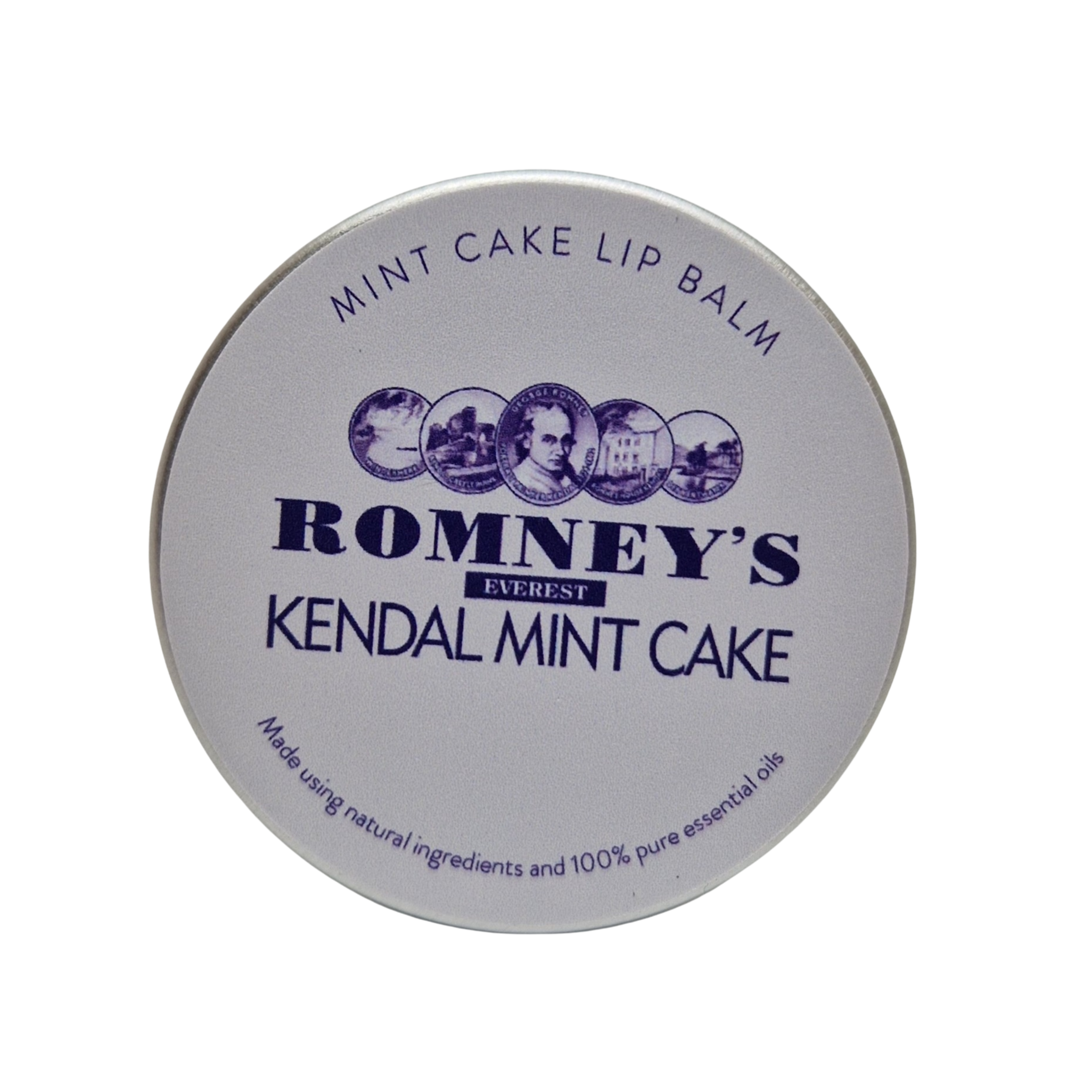 A round metal container with a label on the front featuring the Romney's logo. 