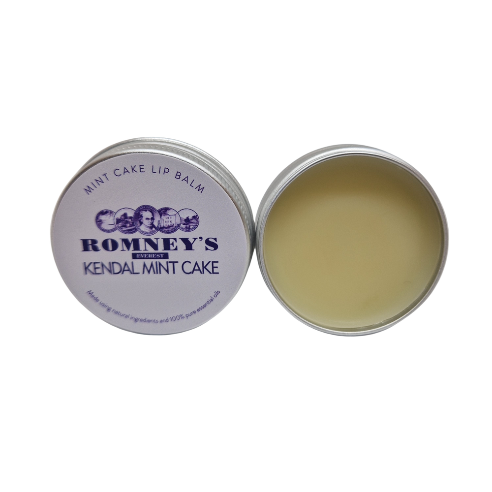 A round metal container with a label on the front featuring the Romney's logo and an open container showcasing the Lip Balm inside.