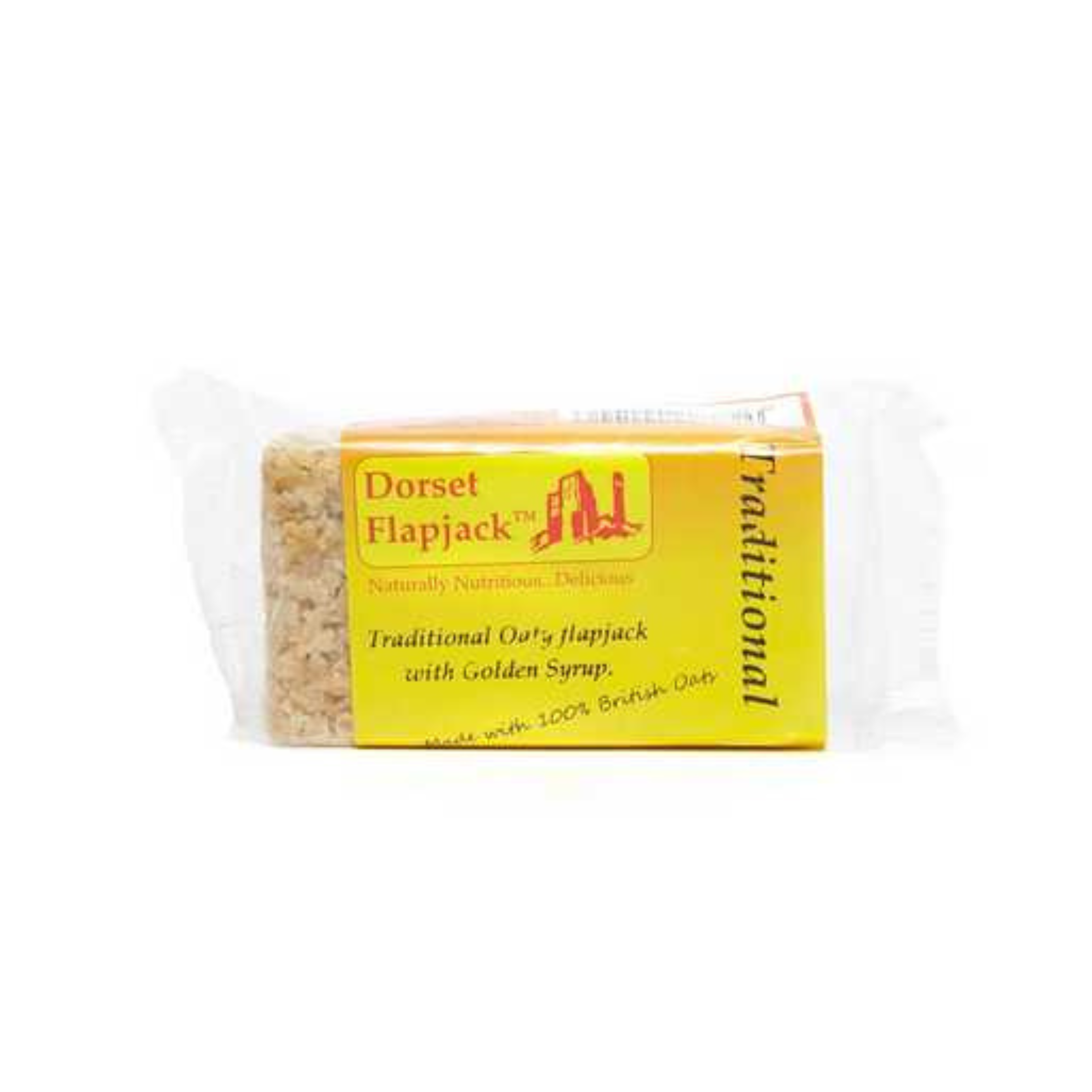 A wrapped bar of traditional flapjack with a yellow and orange label.