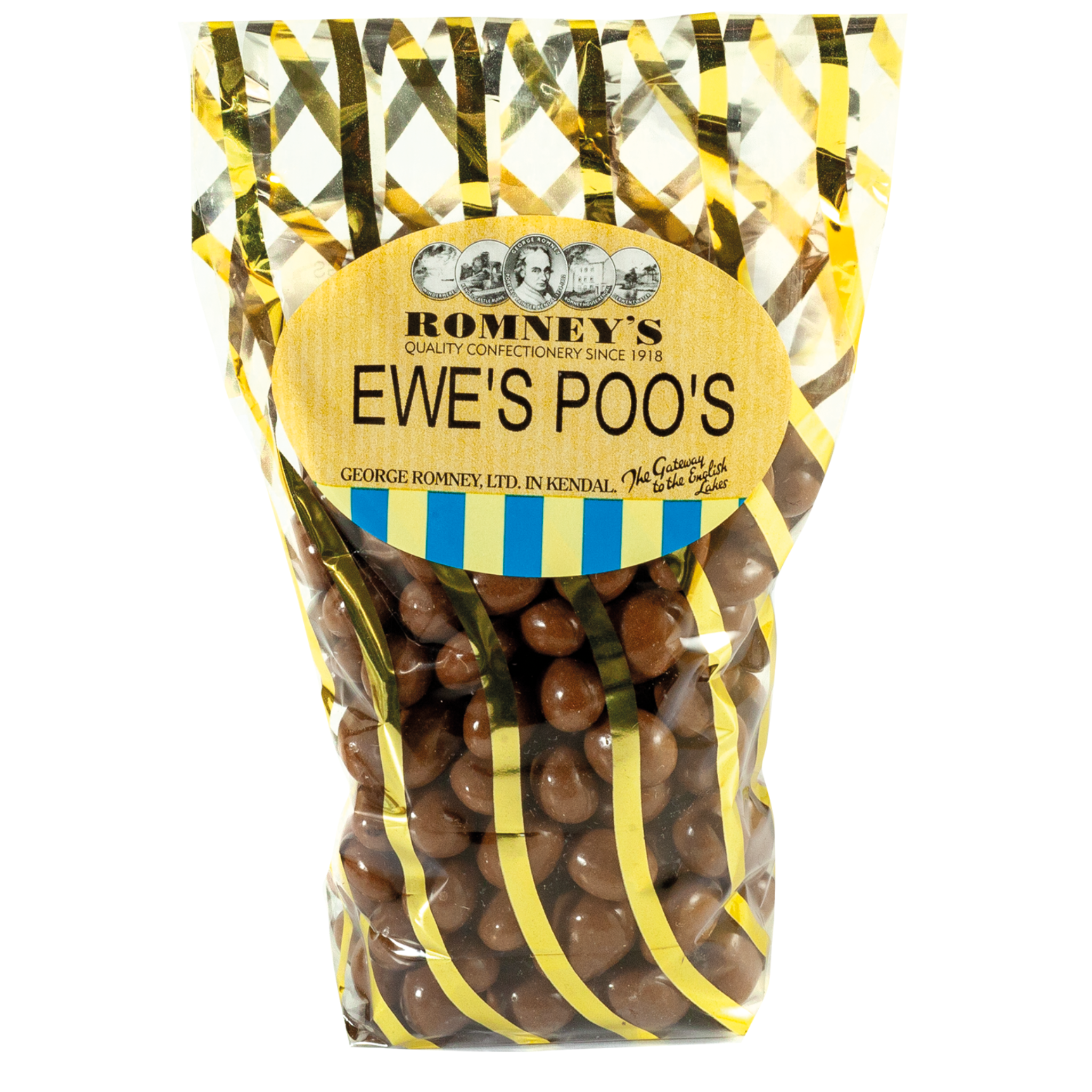 A transparent bag with gold foil detail, containing chocolate coated raisin confectionery. The product features Romney's label featuring the company logo and the product title 'EWE'S POO'S'.