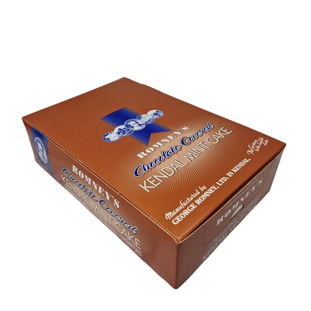 A brow cardboard box containing Romney's Chocolate Coated Kendal Mint Cake Bars