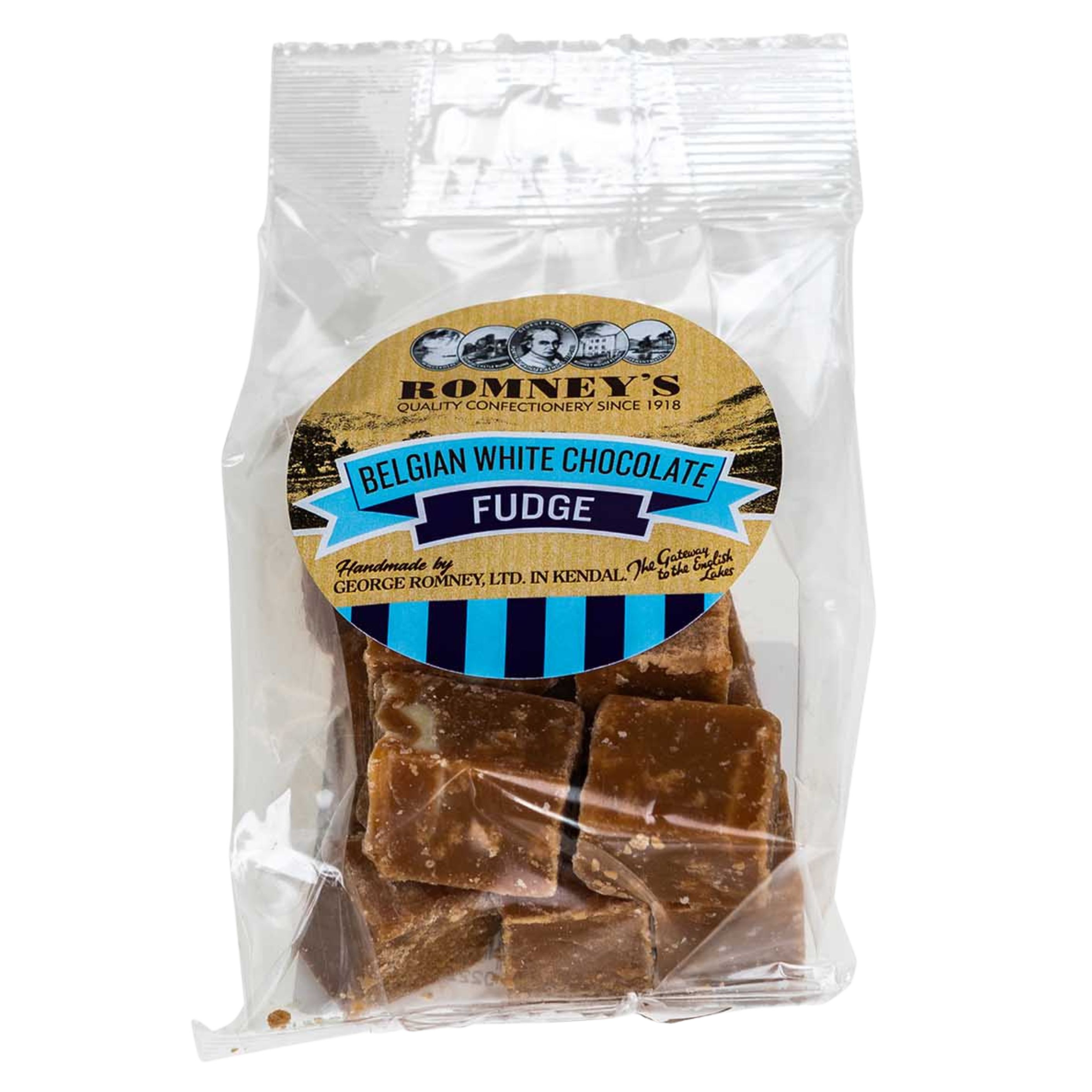 A transparent bag containing pieces of Fudge. The bag has a label on it that shows Romney's logo and says 'Belgian White Chocolate Fudge'.