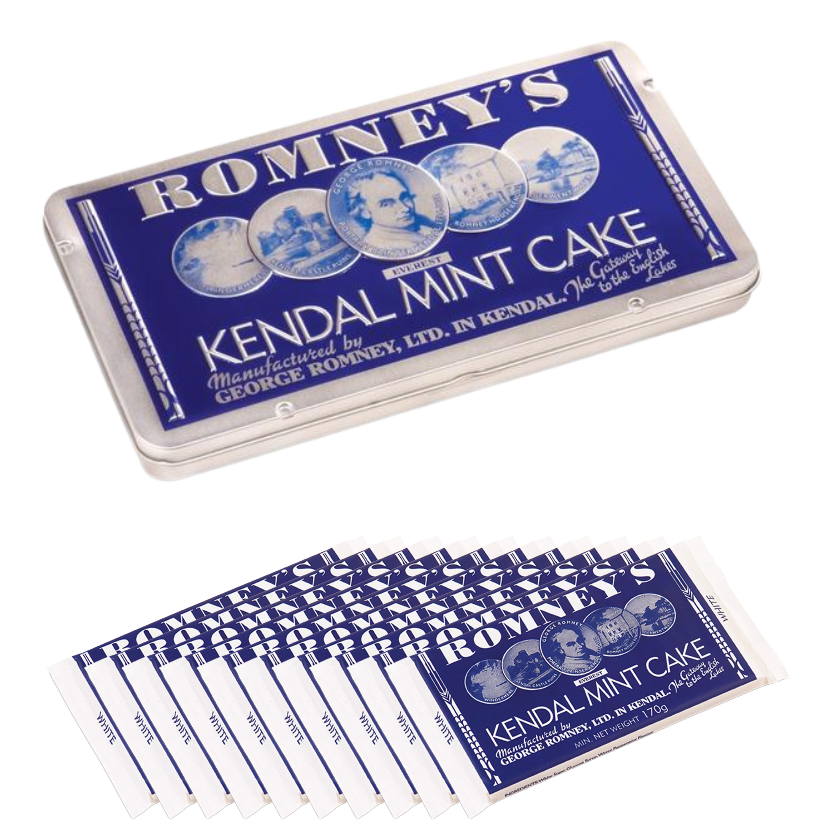 170g Classic Tin White Kendal Mint Cake & 10 refill bars