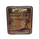A product image of a square tin that is brown and gold in colour and has the Romney's logo, an image of a walker and some hill embossed into the lid of the tin. It also has the words 'Chocolate Coated Kendal Mint Cake'.