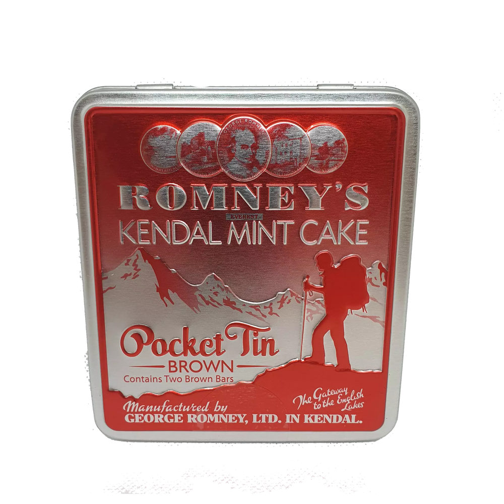 A product image of a square tin that is red and silver in colour and has the Romney's logo, an image of a walker and some hill embossed into the lid of the tin. It also has the words 'Brown Kendal Mint Cake'.