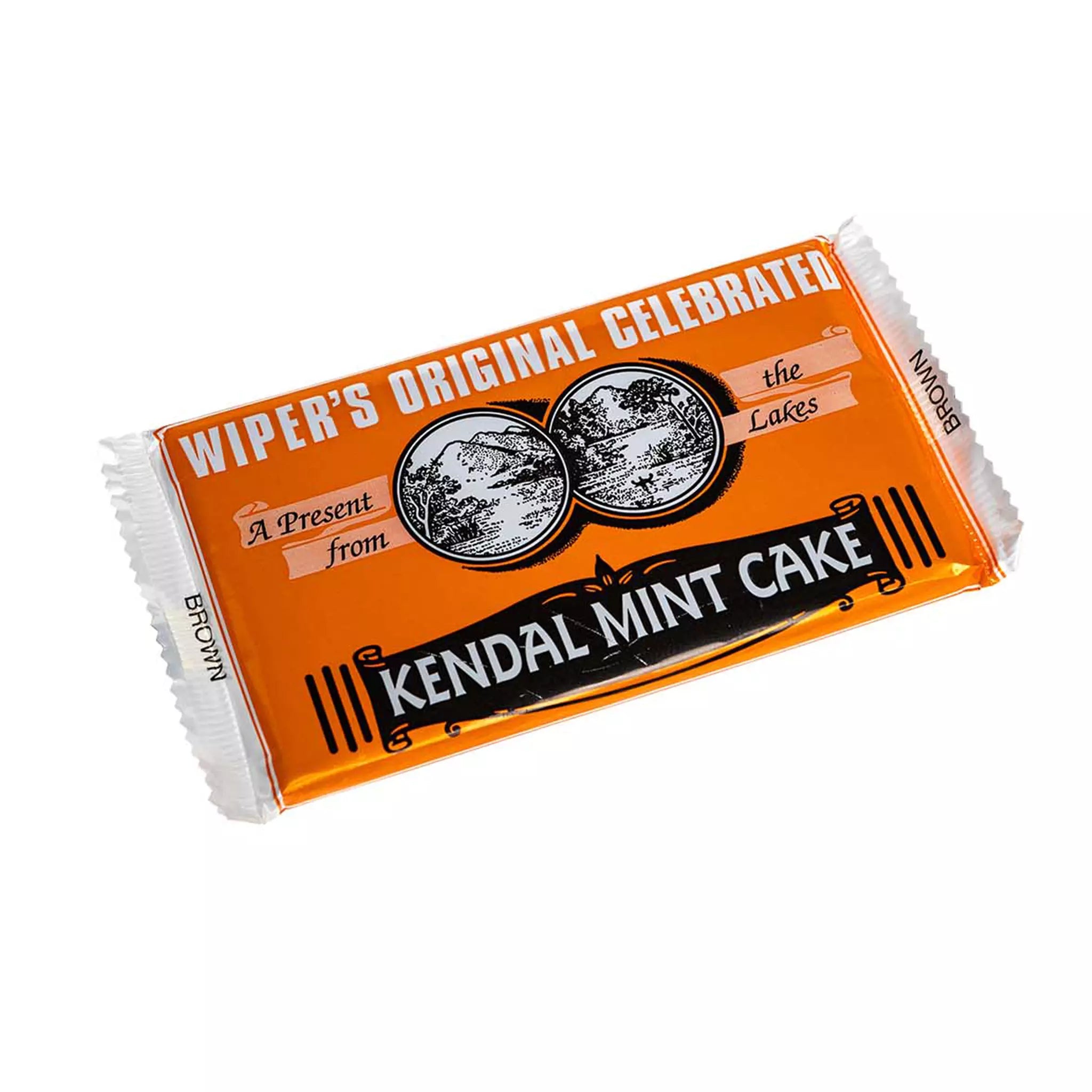 A wrapped bar of Brown Kendal Mint Cake. The wrapper is orange and features the words 'Wiper's original celebrated Kendal Mint Cake.