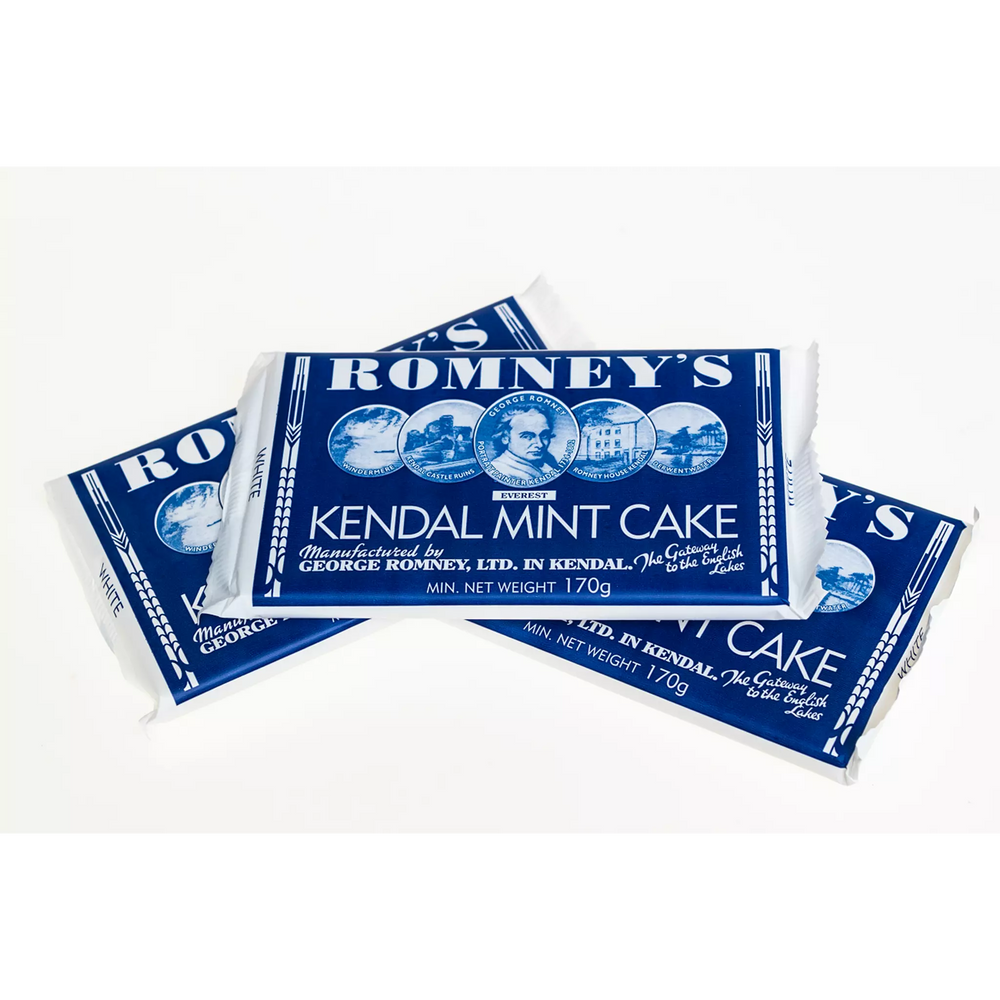 Three rectangular bars of 170g White Kendal Mint Cake wrapped in a blue and white wrapper. The wrapper features the Romney's logo and the words 'Romney's Kendal Mint Cake'.