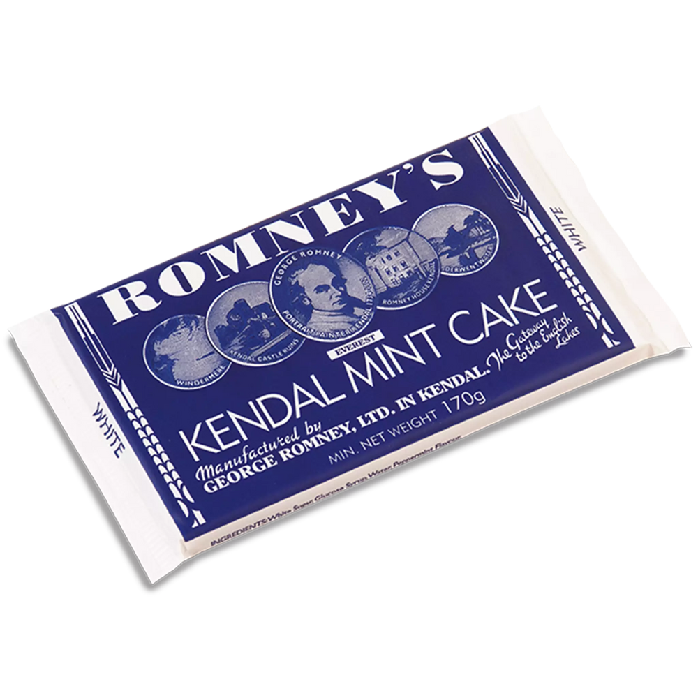 A rectangular bar of 170g White Kendal Mint Cake wrapped in a blue and white wrapper. The wrapper features the Romney's logo and the words 'Romney's Kendal Mint Cake'.