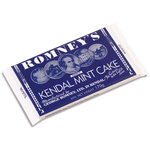 A rectangular bar of 170g White Kendal Mint Cake wrapped in a blue and white wrapper. The wrapper features the Romney's logo and the words 'Romney's Kendal Mint Cake'.