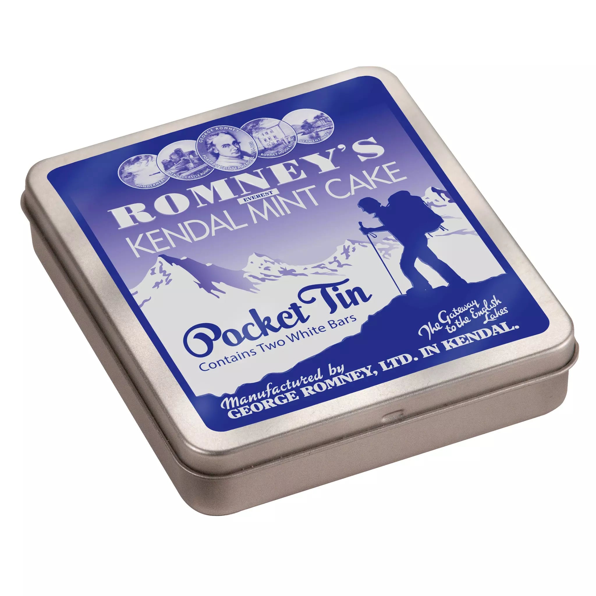 A product image of a square tin that is blue and silver in colour and has the Romney's logo, an image of a walker and some hill embossed into the lid of the tin. It also has the words 'Blue Kendal Mint Cake'.