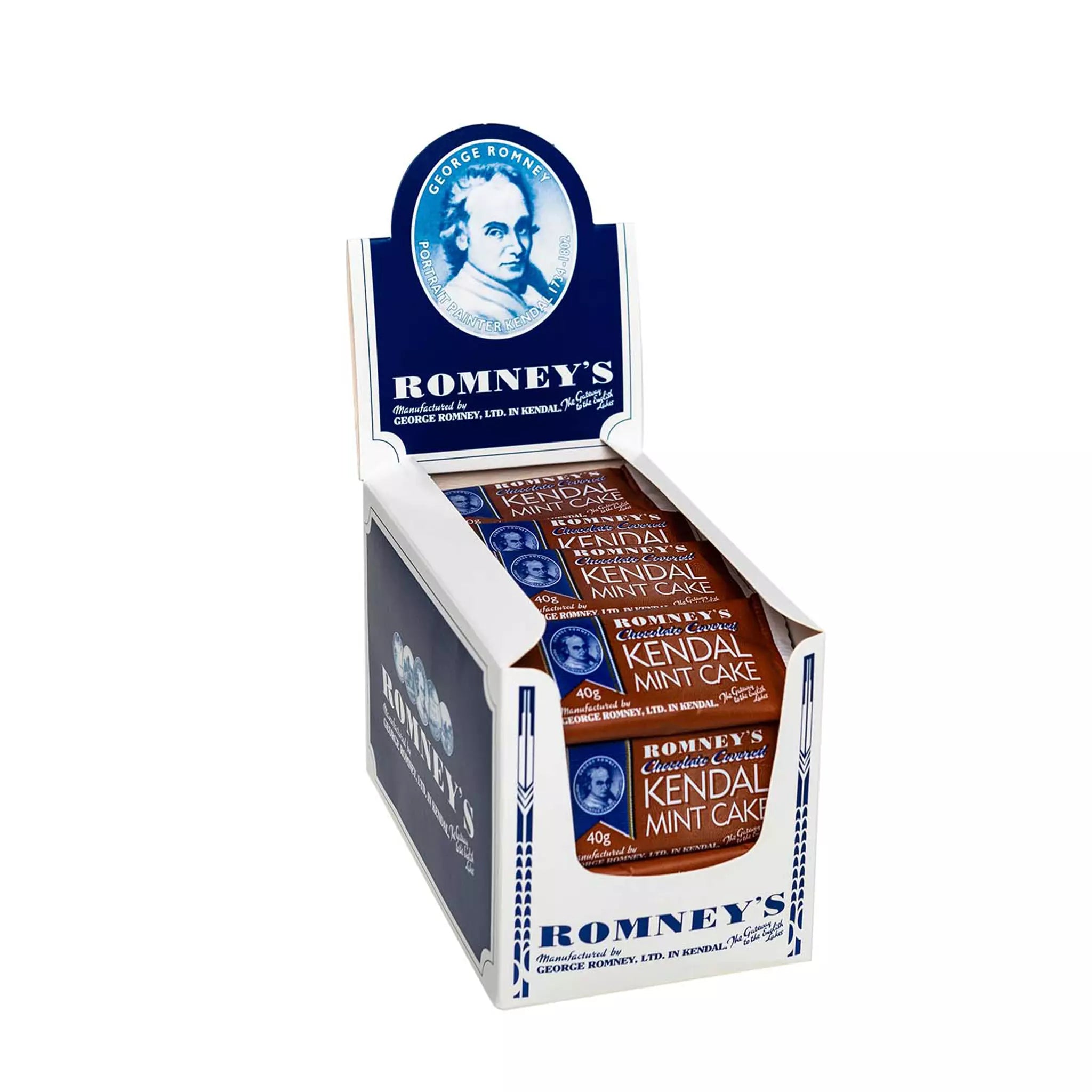 A product image showing an open cardboard box which is used to display products on a shelf and is white and blue. The box contains 40g bars of Romney's Chocolate Coated Kendal Mint Cake which is in a brown and white wrapper.