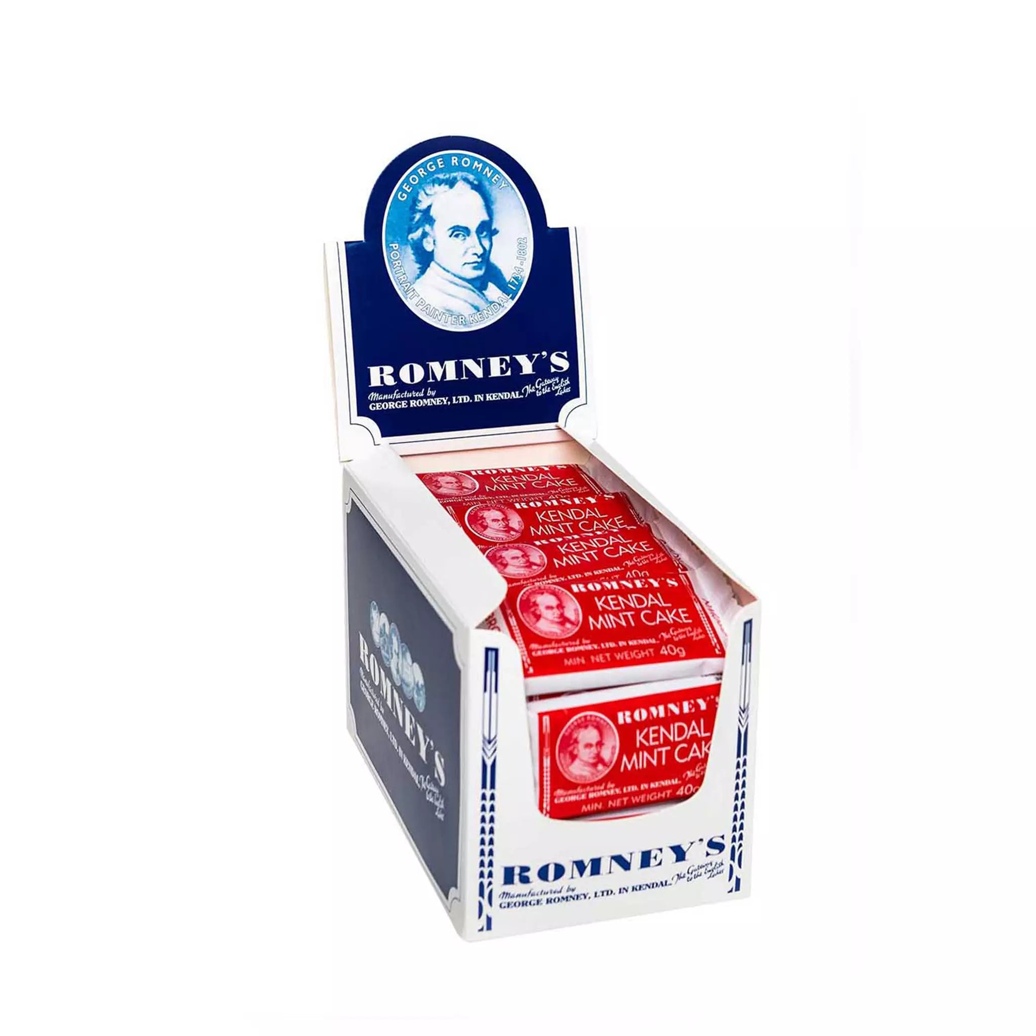 A product image showing an open cardboard box which is used to display products on a shelf and is white and blue. The box contains 40g bars of Romney's Brown Kendal Mint Cake which is in a red and white wrapper.