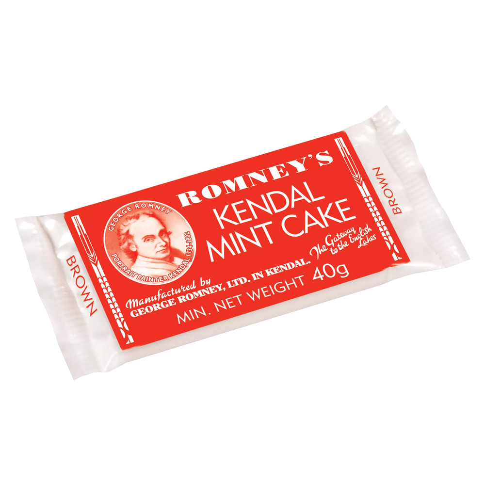  A product image of a wrapped 40g Romney's Brown Kendal Mint Cake bar. The wrapper is red and white, features the Romney's logo and the words 'Romney's Kendal Mint Cake'.