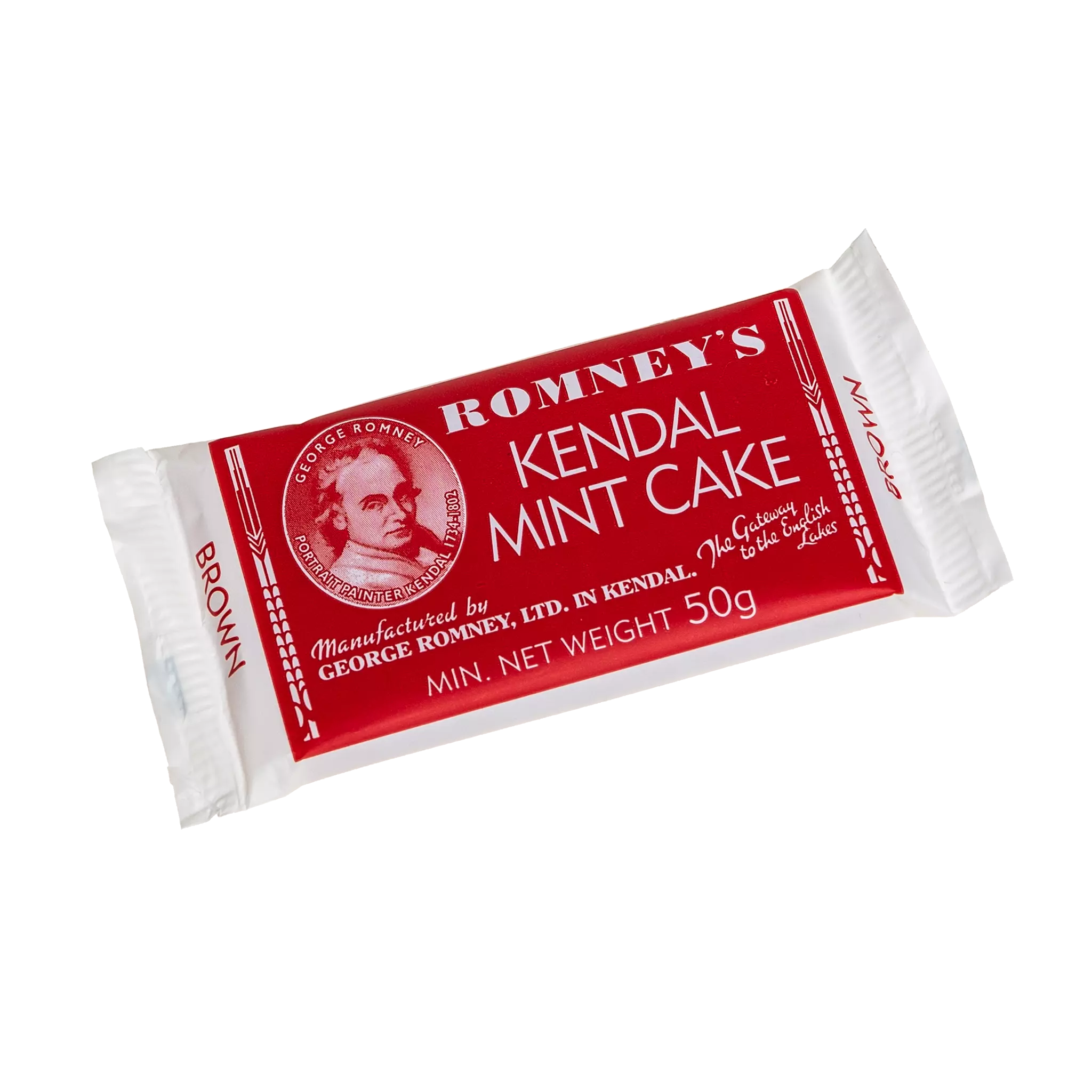 A rectangular bar of 50g Romney's Kendal Mint Cake in a red and white wrapper. It features the Romney's logo and words 'Romney's Kendal Mint Cake' in white on the front