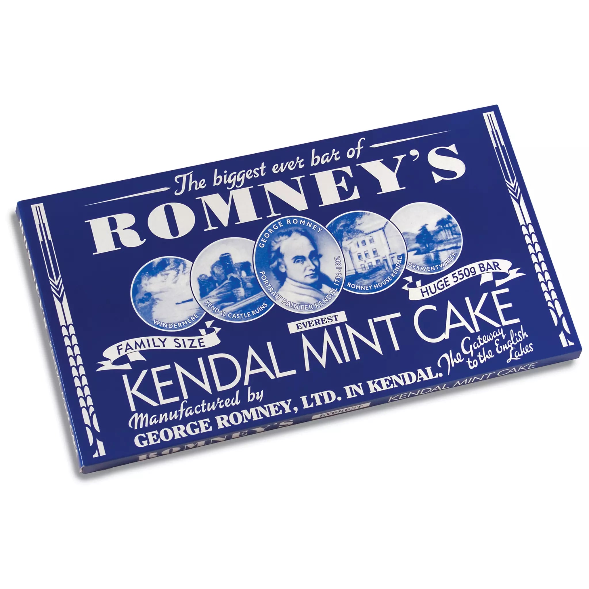 A rectangular bar of 550g Romney's Kendal Mint Cake in a blue and white cardboard box. It features the Romney's logo and words 'Romney's Kendal Mint Cake' in white on the front