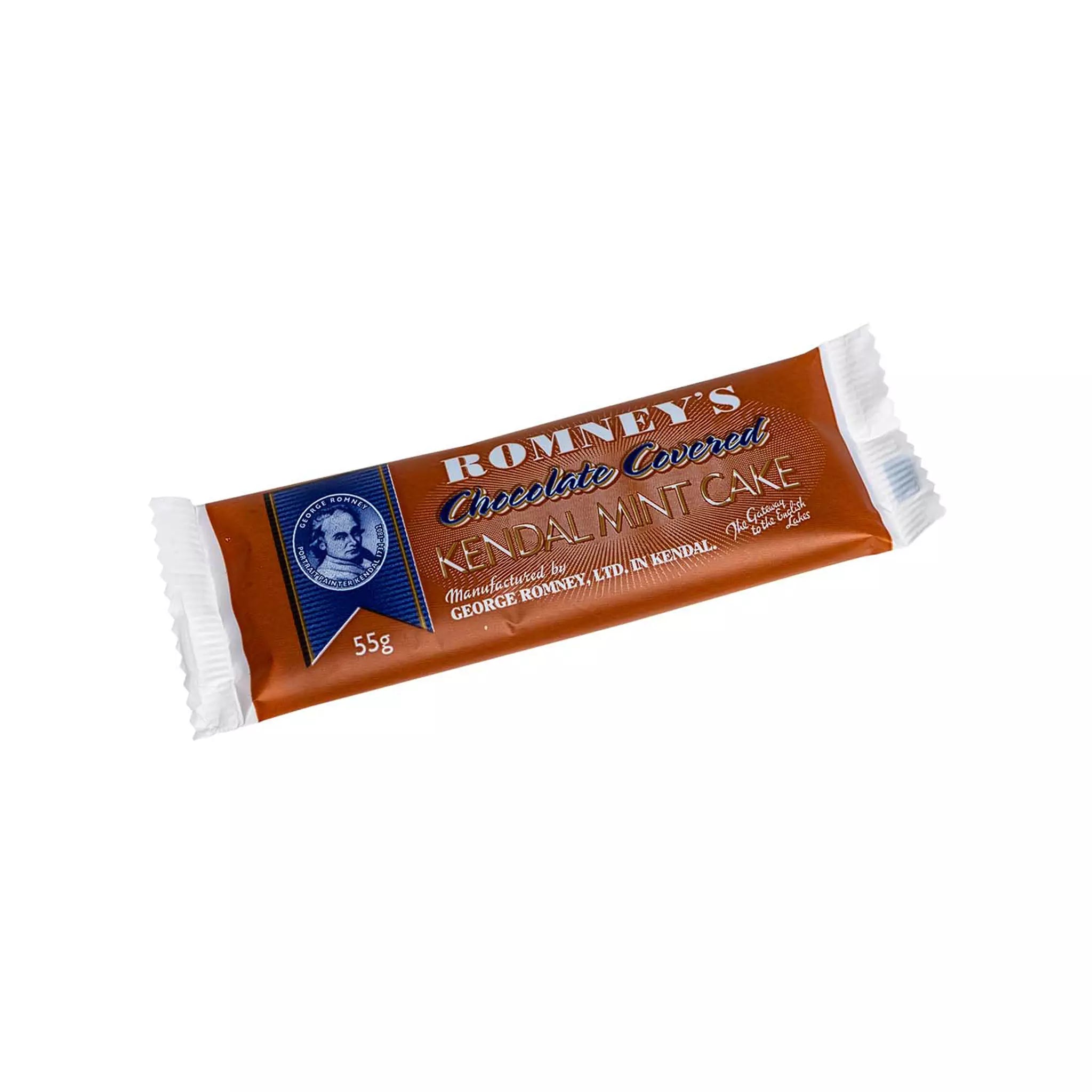 A product image of a wrapped 55g Romney's Chocolate Coated Kendal Mint Cake bar. The wrapper is brown and white, features the Romney's logo and the words 'Romney's Kendal Mint Cake'.
