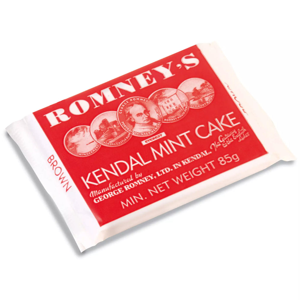 A bar of wrapped brown Kendal Mint Cake. The wrapper is red and white, features Romney's Logo and the words 'Romney's Kendal Mint Cake' in a white font.