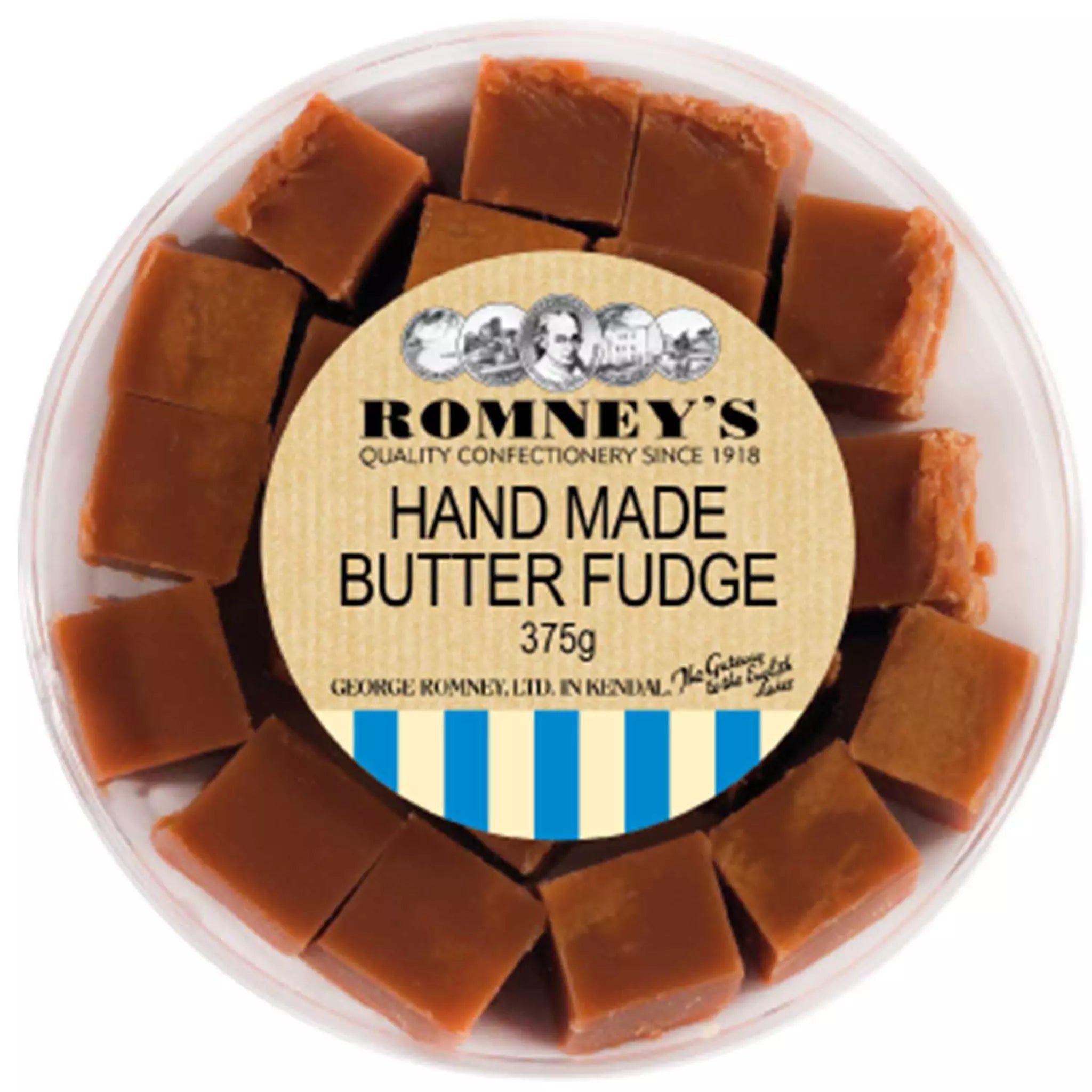 A circular plastic container which is filled with Fudge pieces. The lid of the tub has a sticker on it that is cream coloured and has the Romney's logo and words 'Hand Made Butter Fudge' on it.